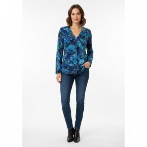Chicos Travelers Small Blue Abstract Swirl Square Print Long‎ Sleeve Cardigan